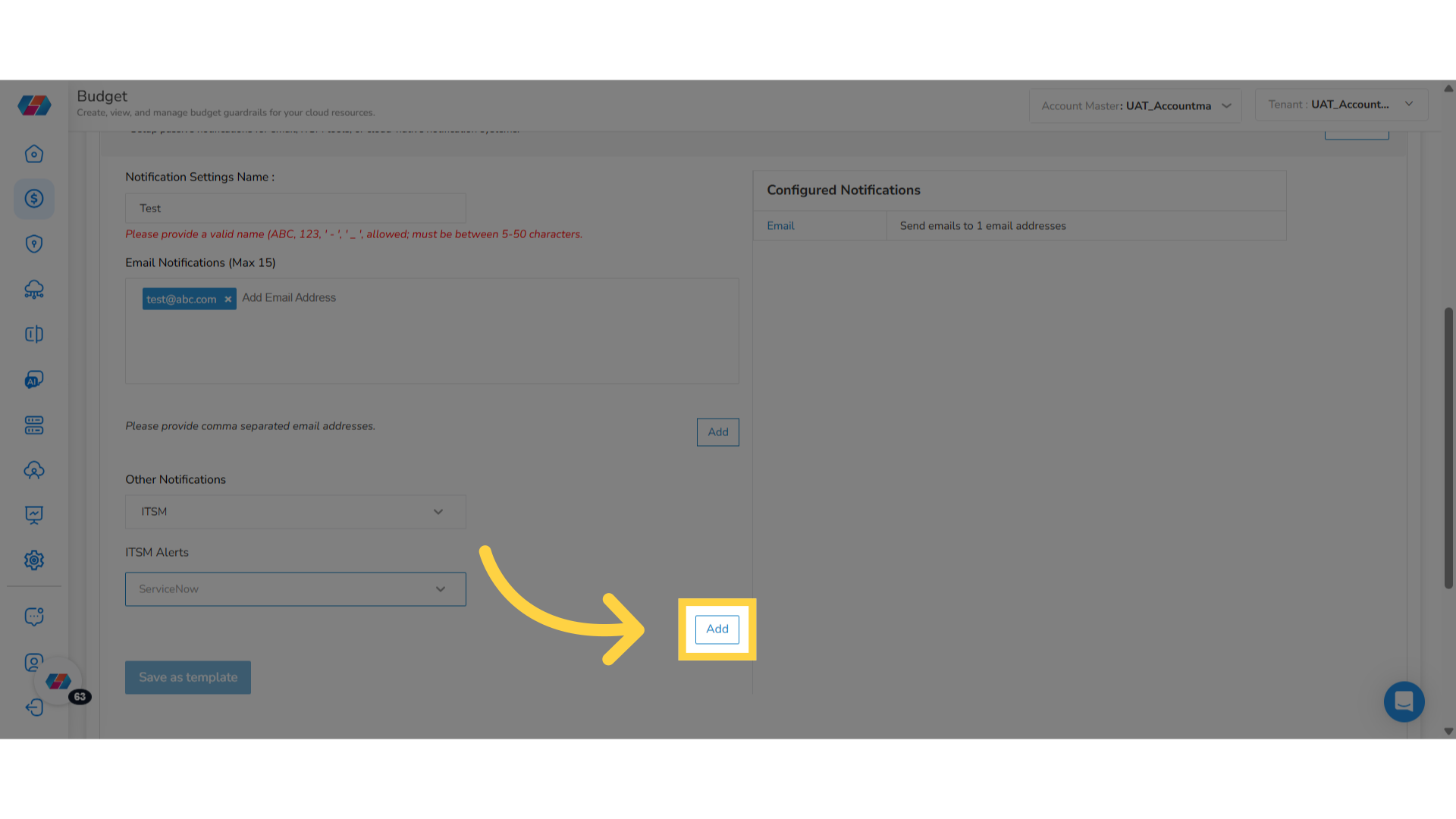 Select an Option from 'ITSM Alerts' drop-down