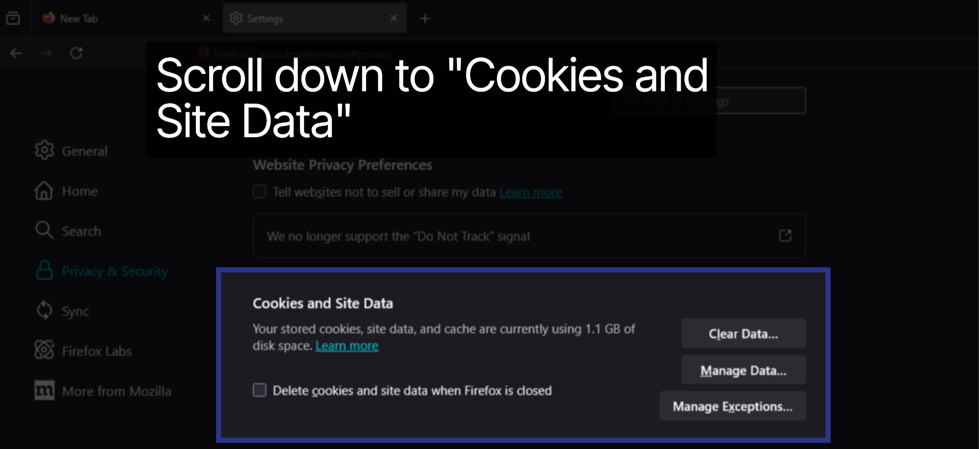 Scroll down to Cookies and Site Data