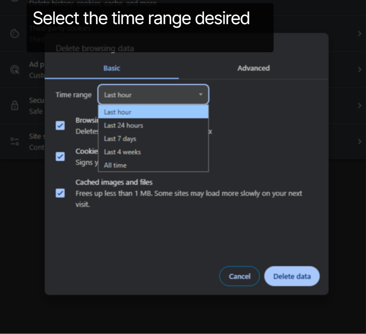 Select the time range for data deletion