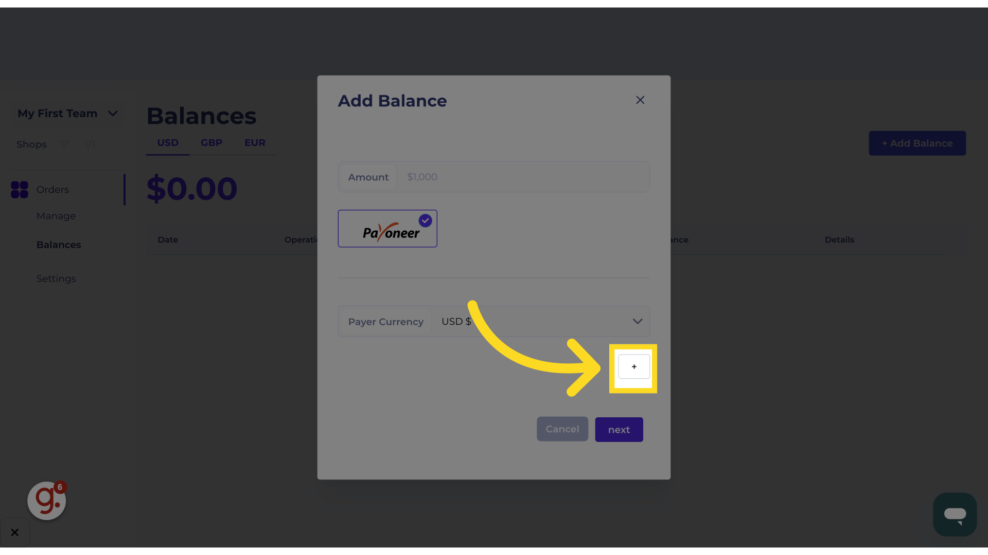 Click '+' to add & save a payoneer account to load from