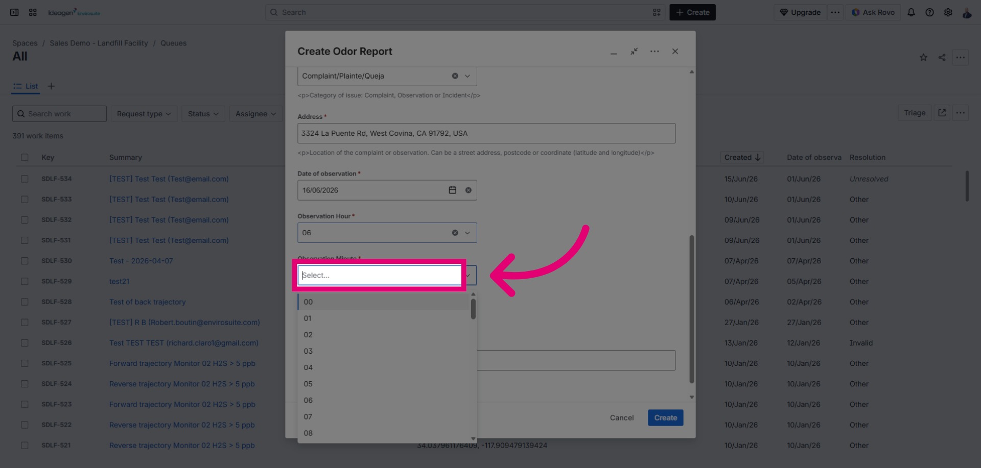 Open Minute Selector