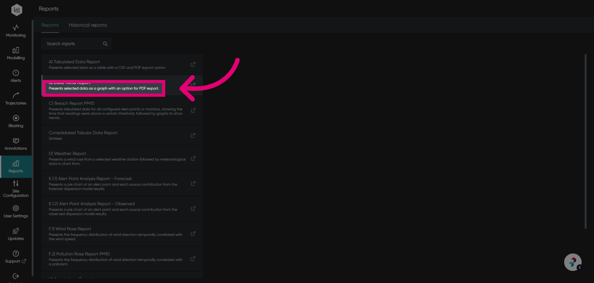 Select the Data Trend Report