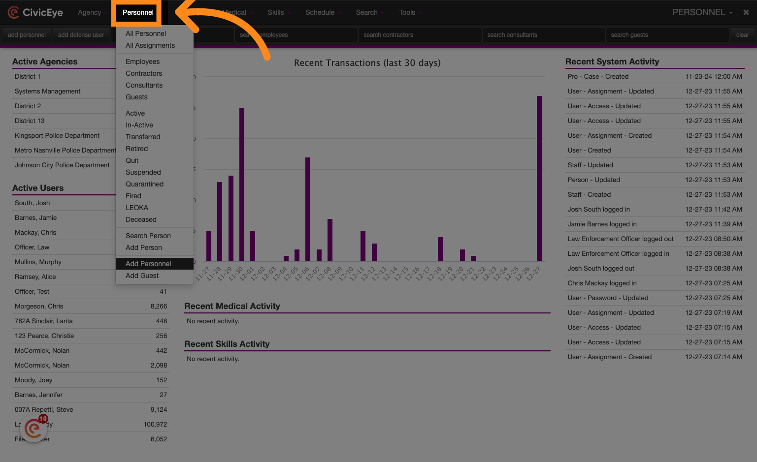 Navigate to the Personnel dropdown to begin adding a new personnel record
