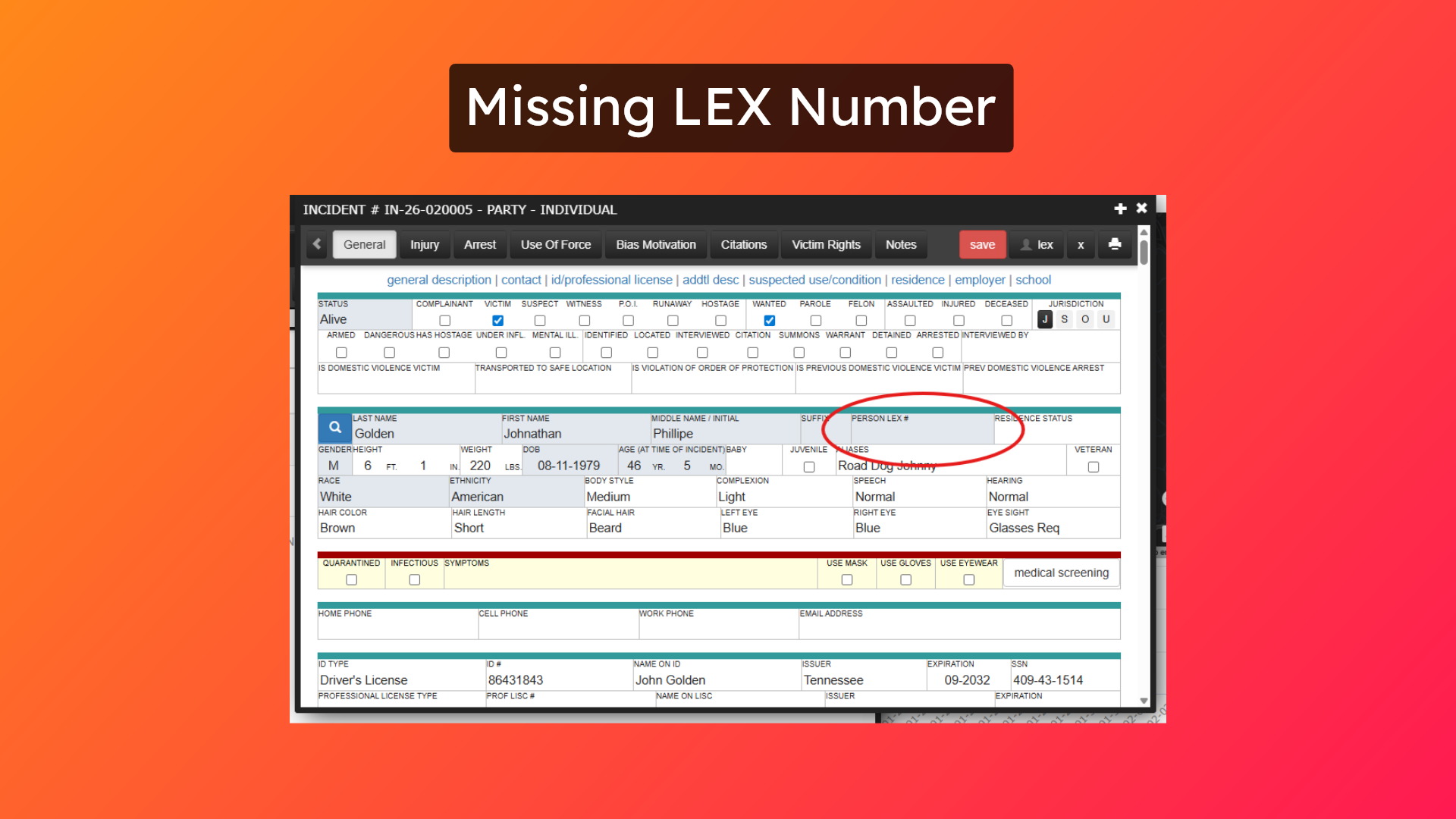 Missing LEX Number