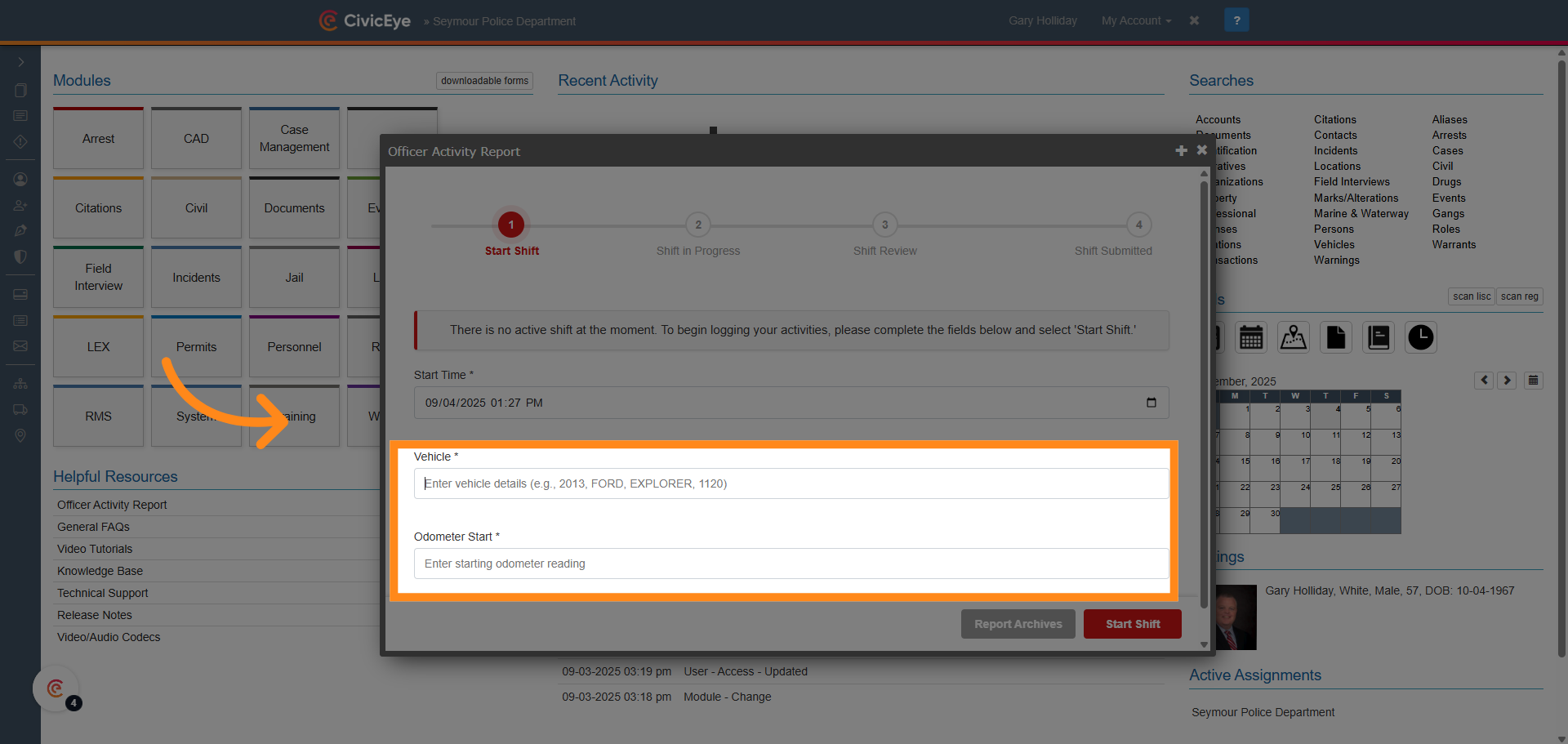 Input assigned vehicle and starting odometer