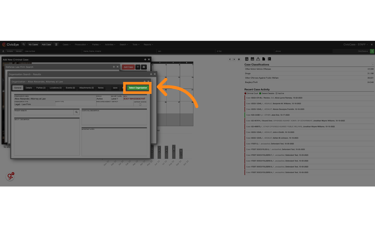 Click 'Select Organization' to add that entry to the Case