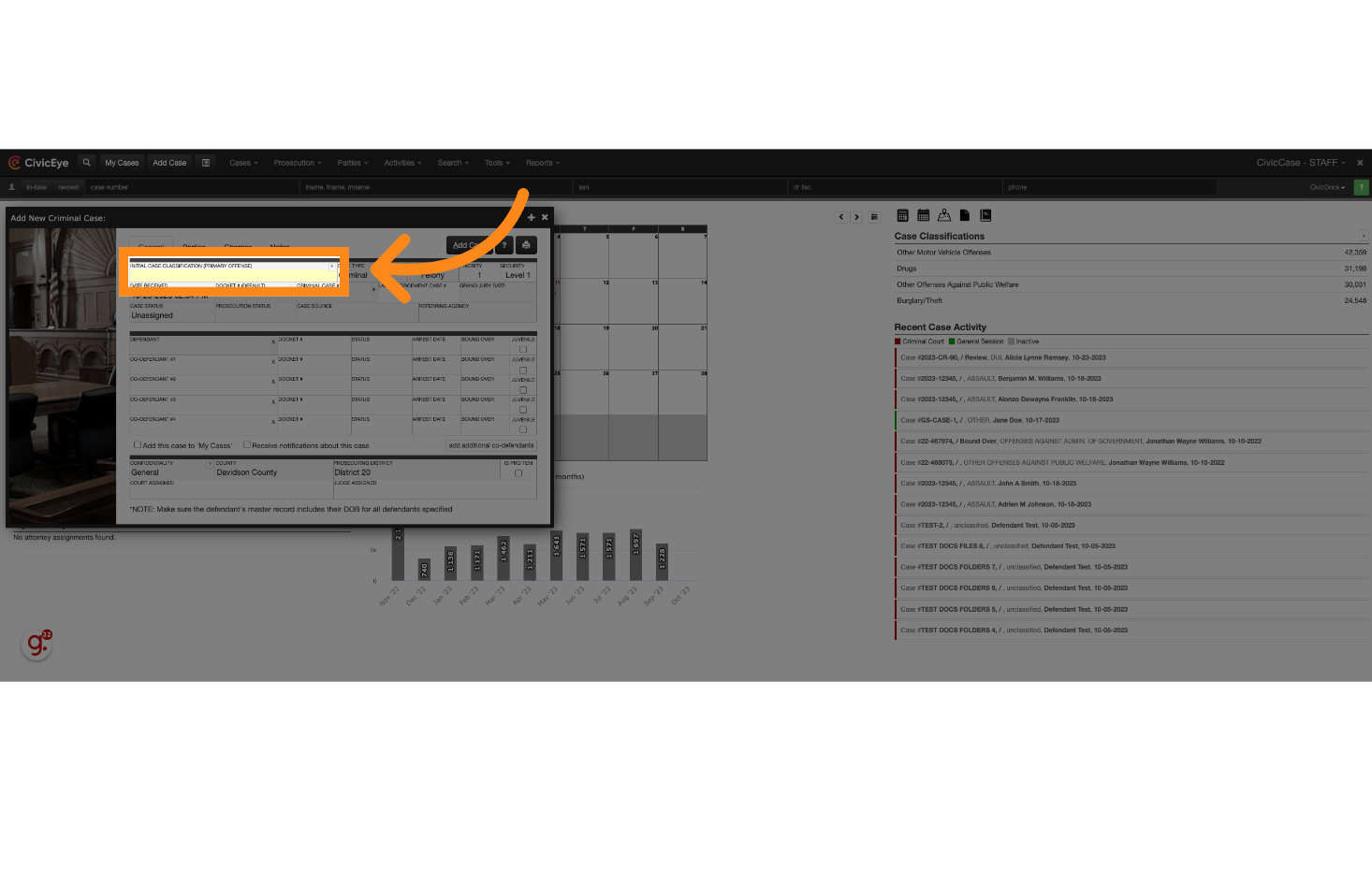 Populate the initial Case Classification by clicking onto the field in the Case Entry screen