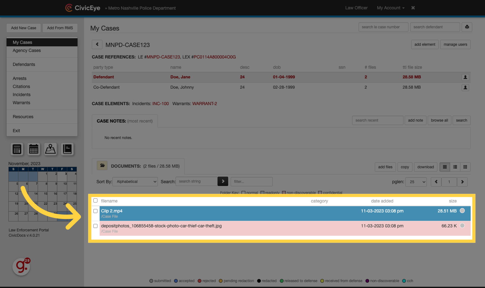 Files and Evidence list view