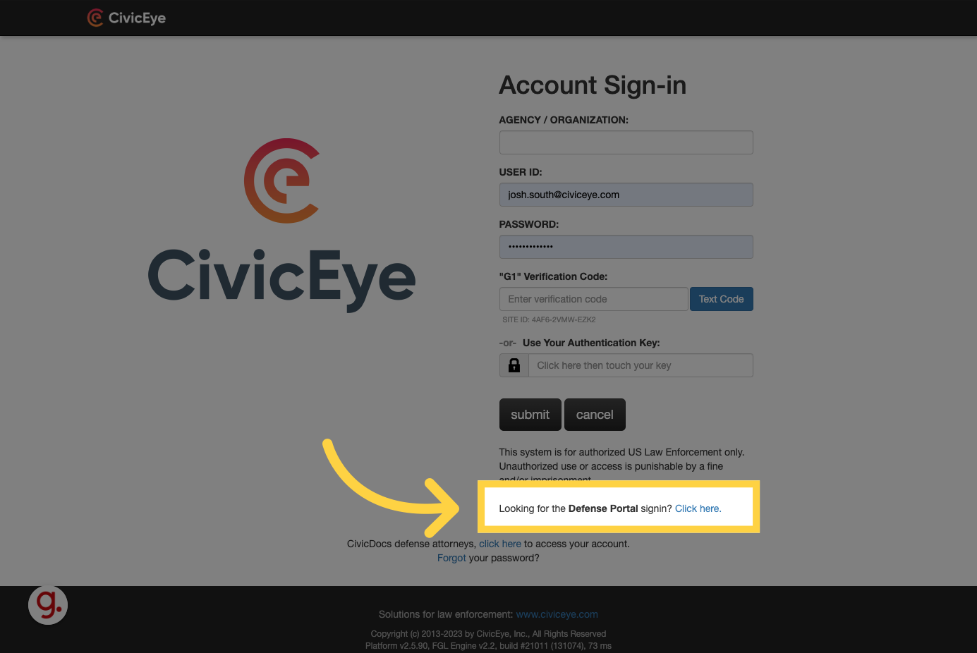 Click the link to navigate to the Defense Portal login screen