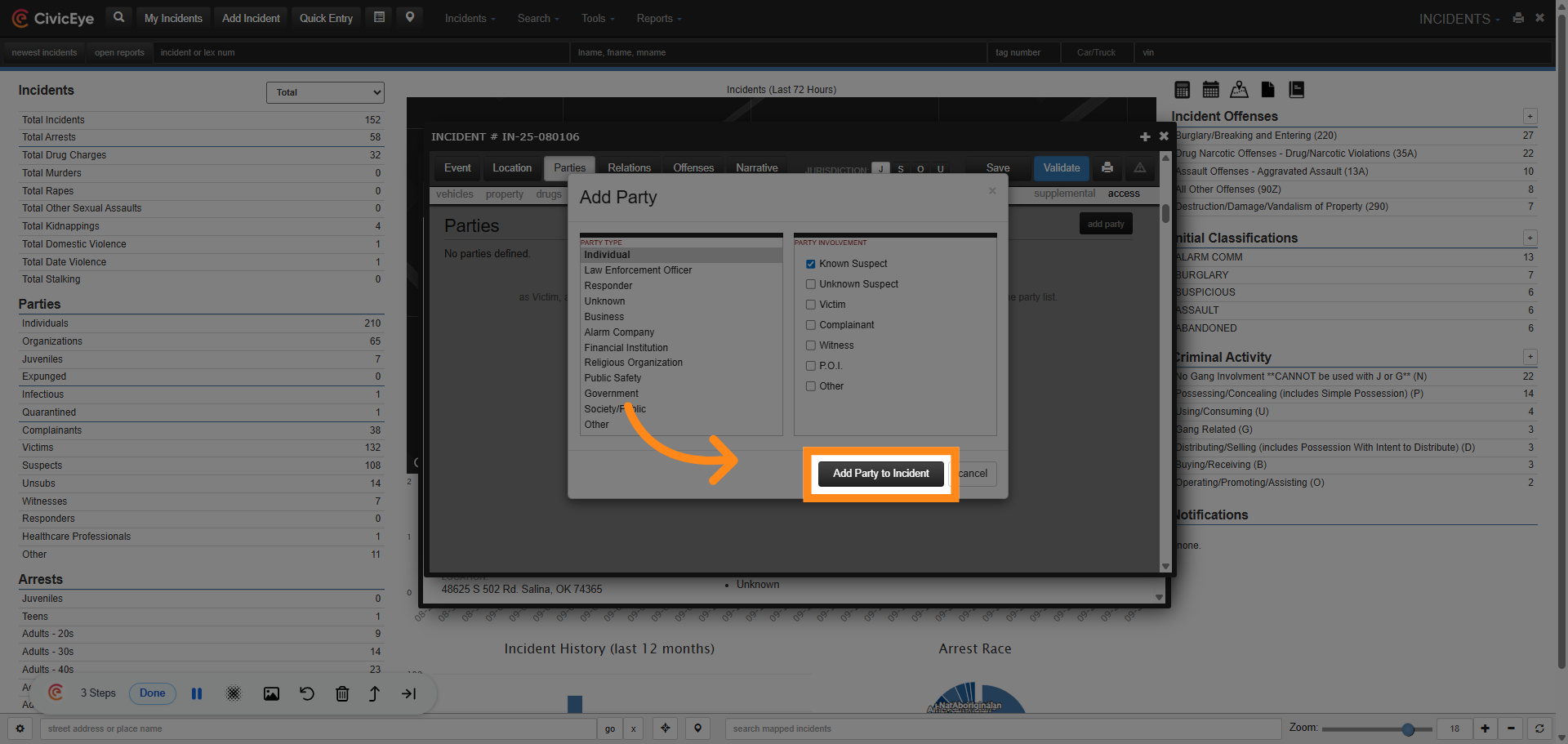 Click 'Add Party to Incident'