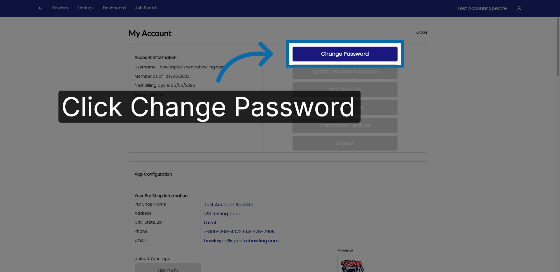Access Change Password Section