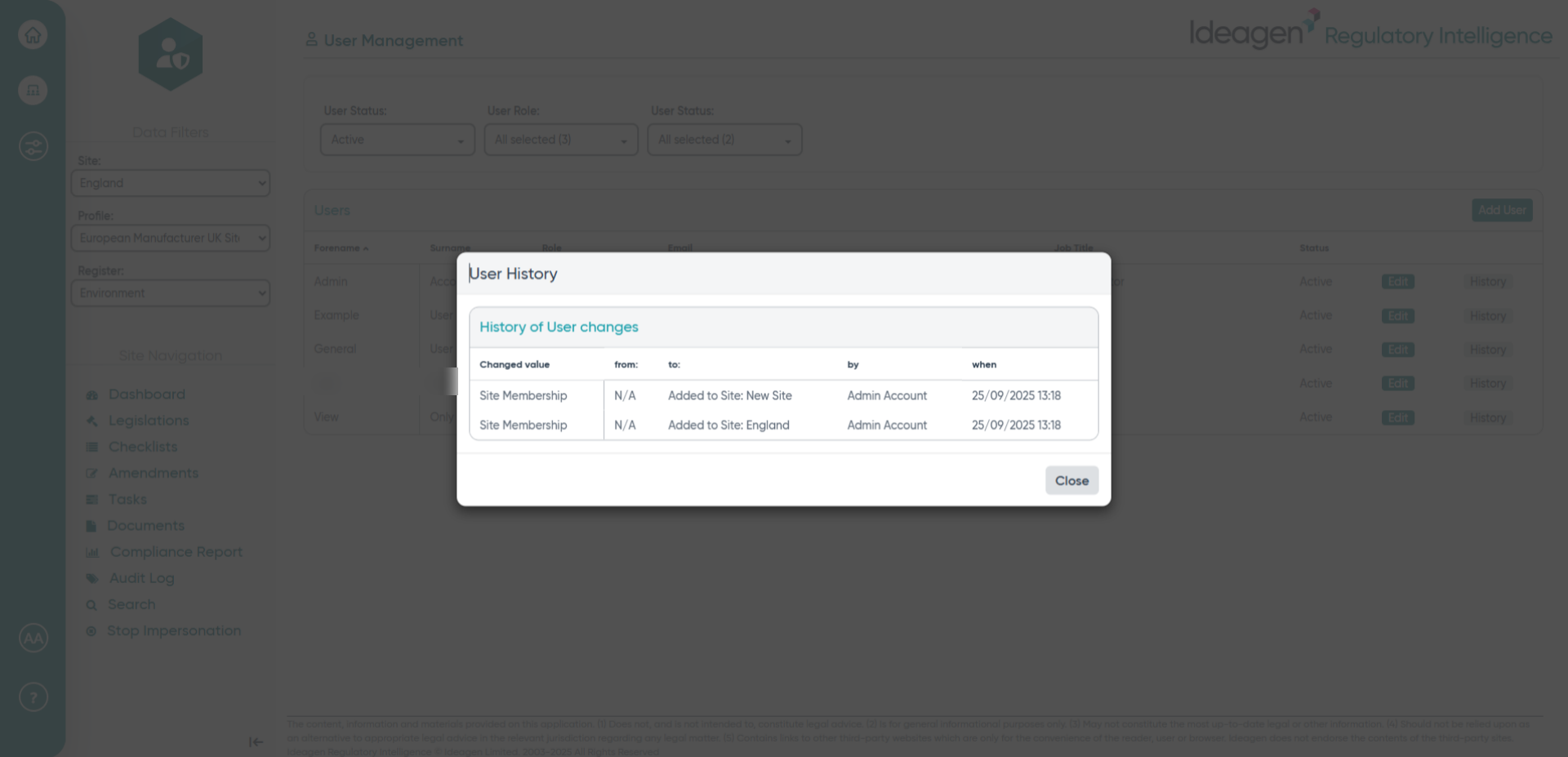 Click 'User History'