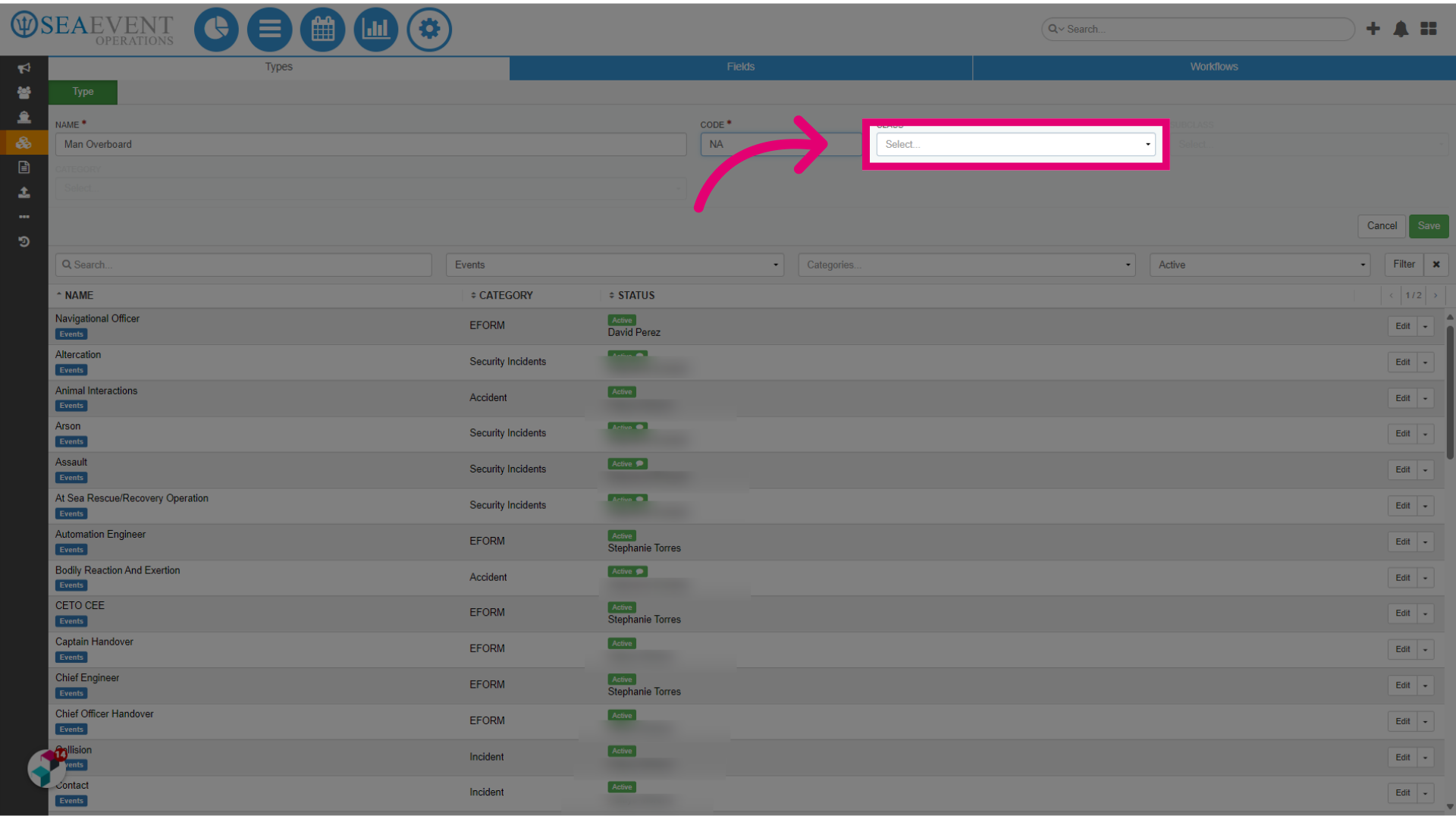 Assign the Event Report to the 'Events' class