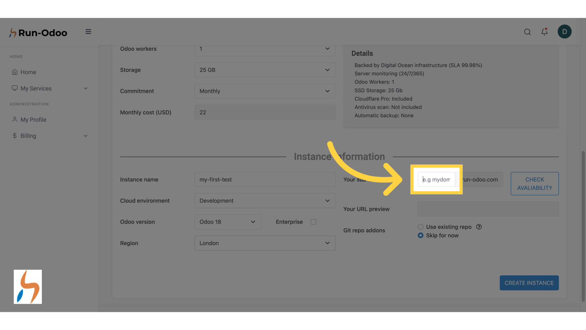 Input the subdomain you would like to use to access your instance