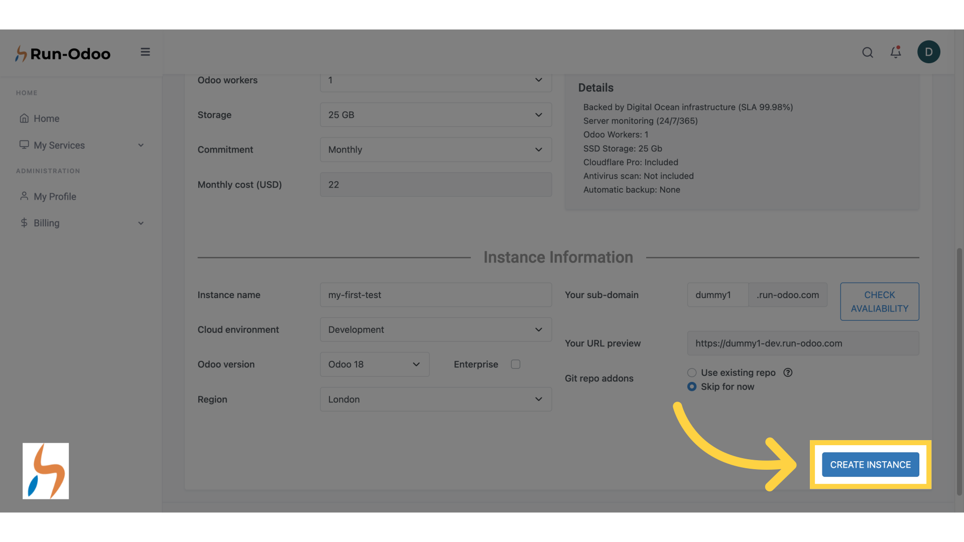 Click 'CREATEINSTANCE'