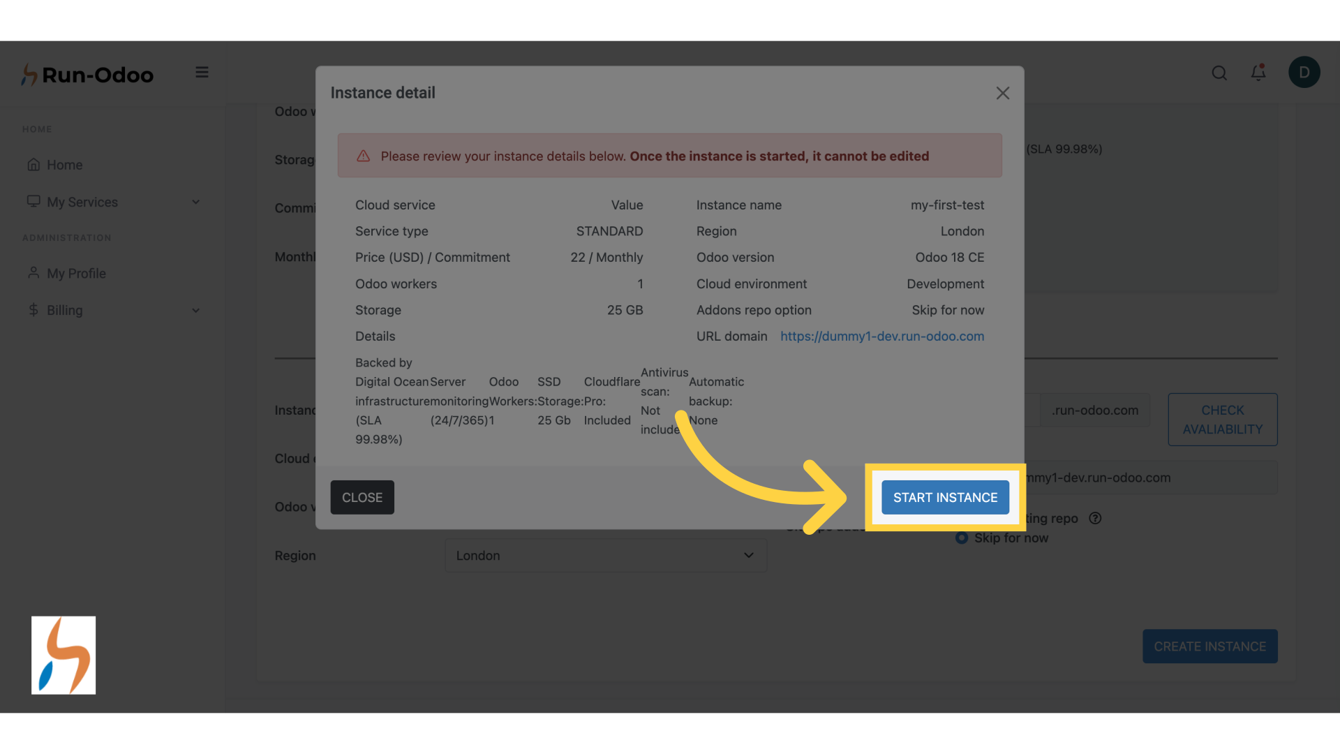 Click 'START INSTANCE'