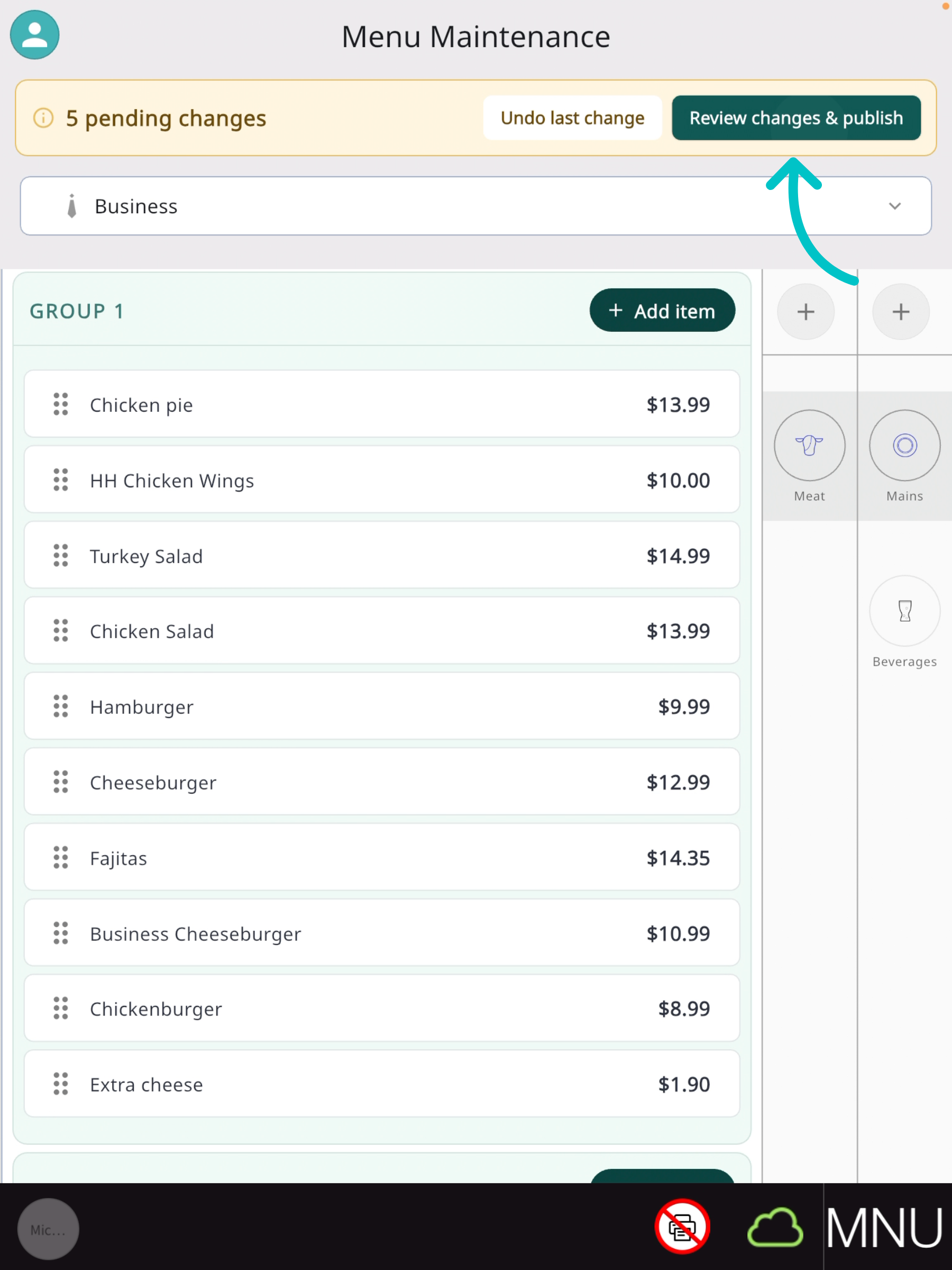 Review changes & publish button at the top right