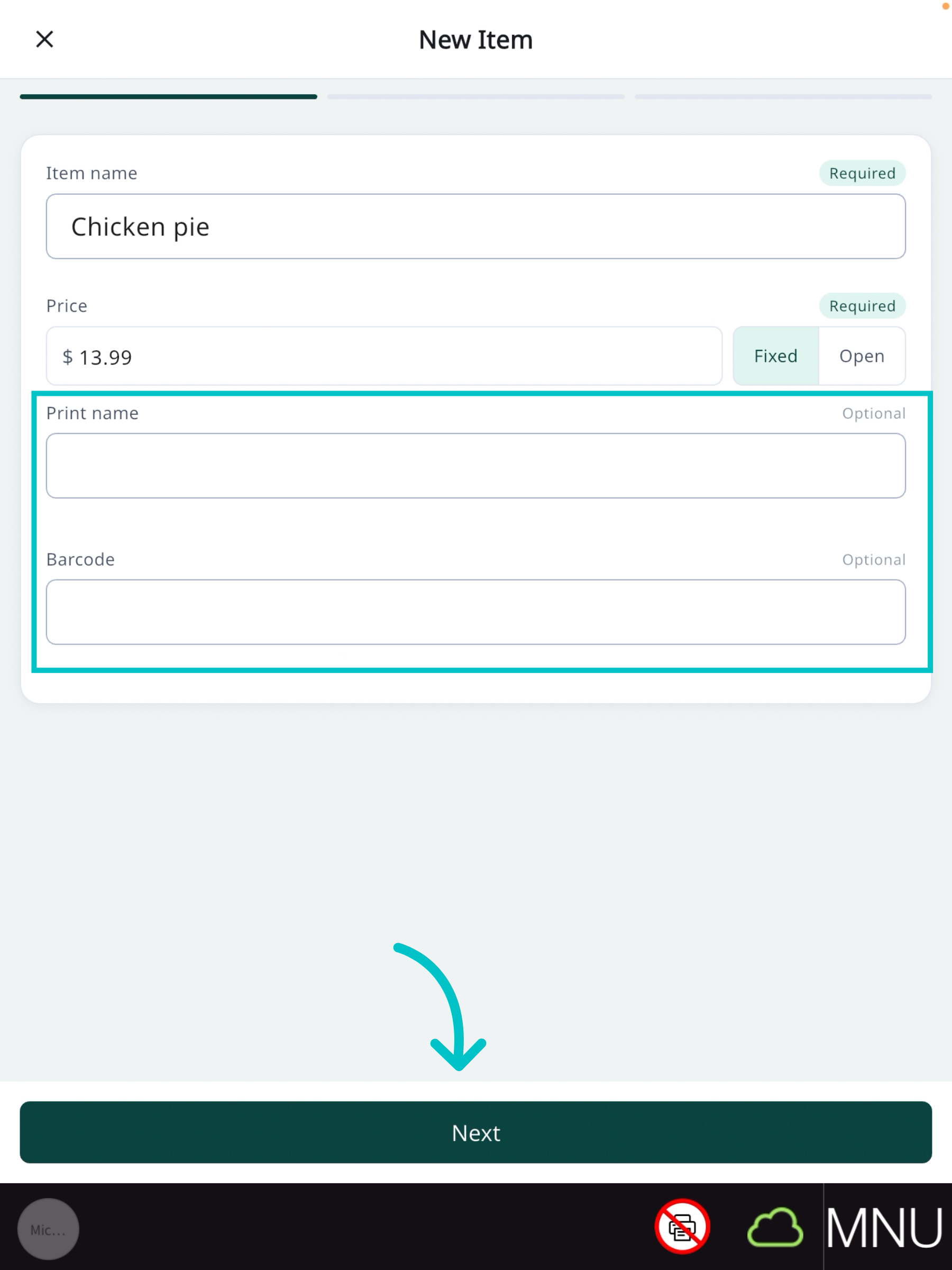 Price screen with price type, tax, prep station, and barcode fields