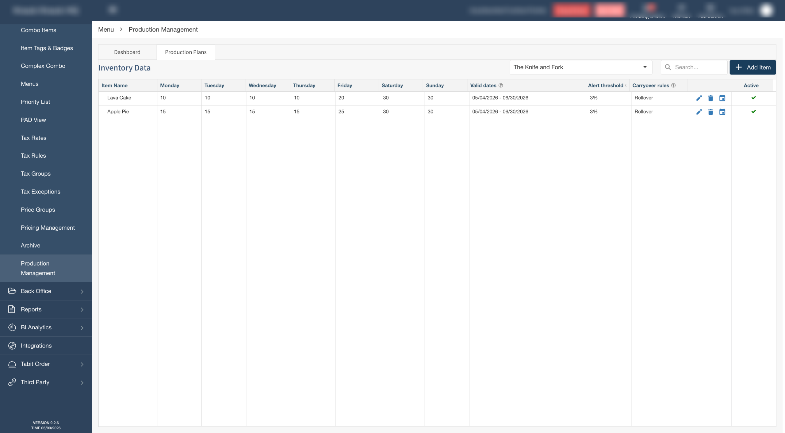 Production Management screen