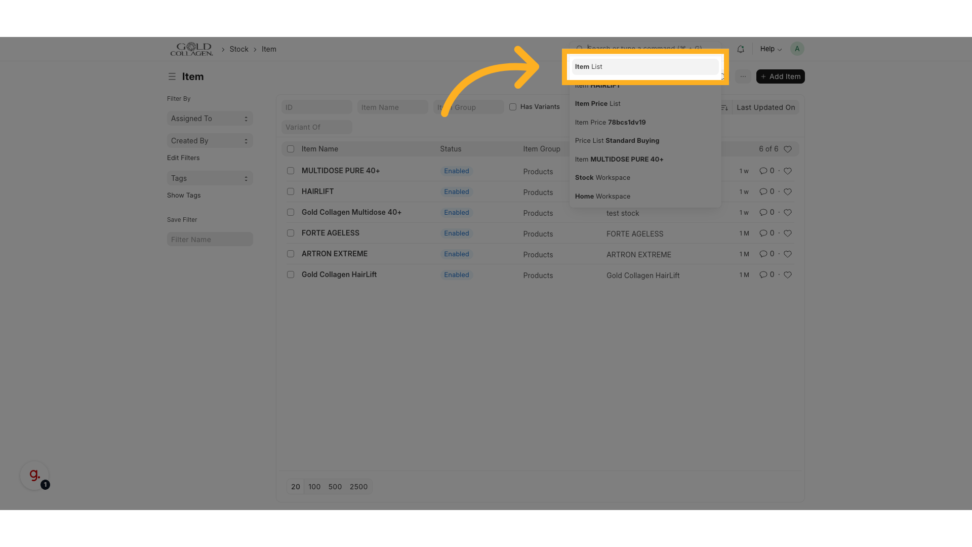 Click 'Item List'