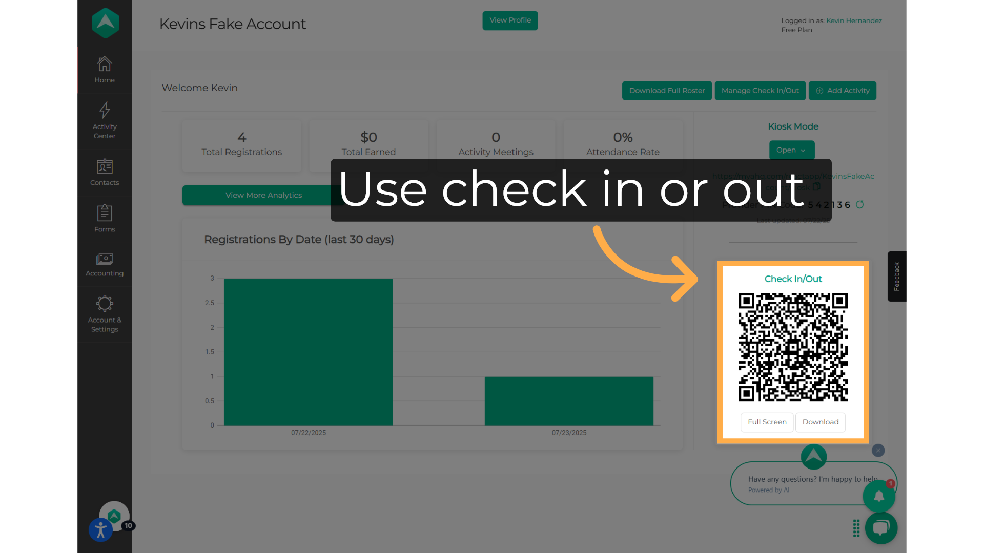 Use the 'Check In/Out' QR code