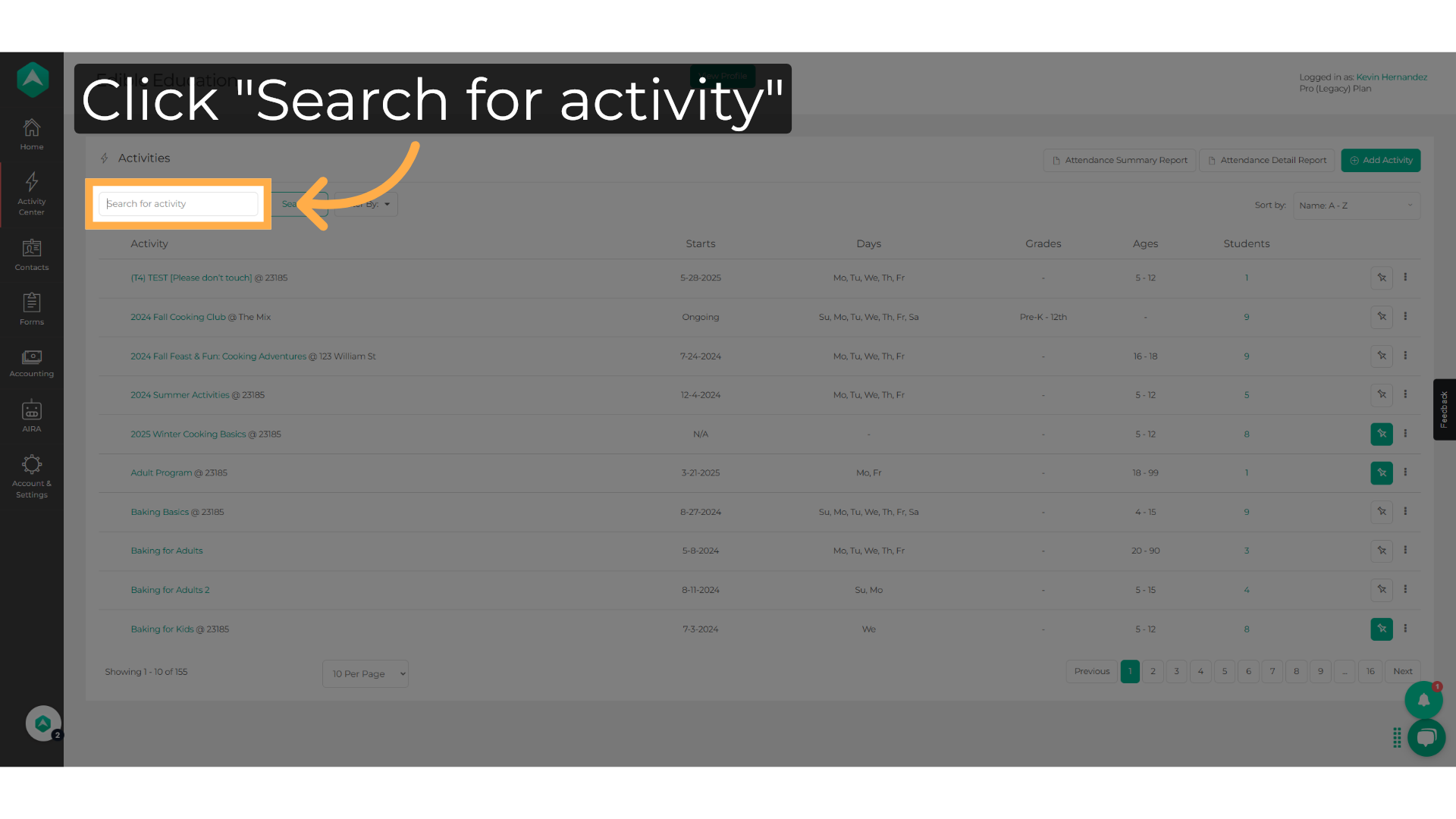 Click 'Search for activity'