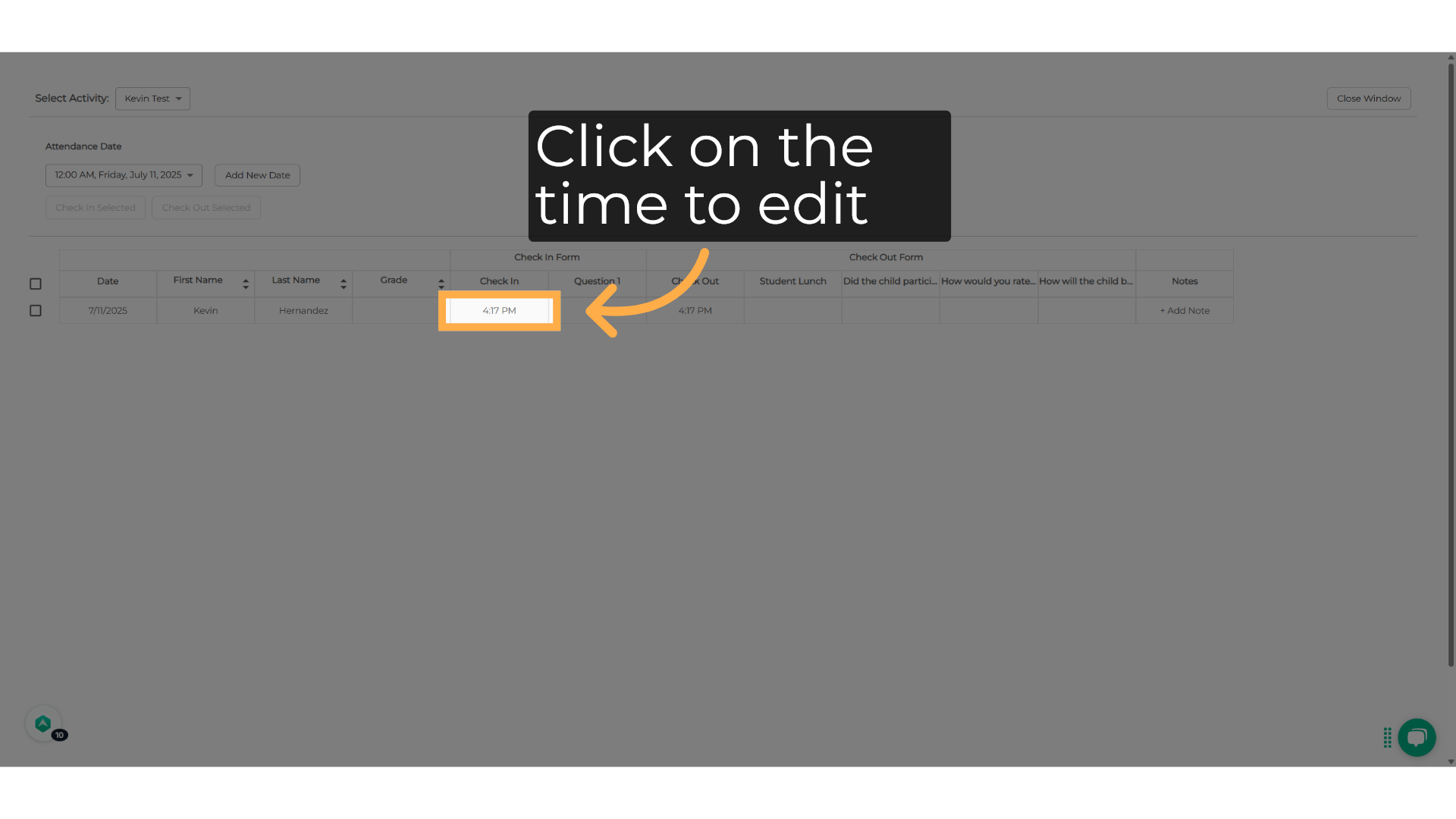 Click on the time to edit