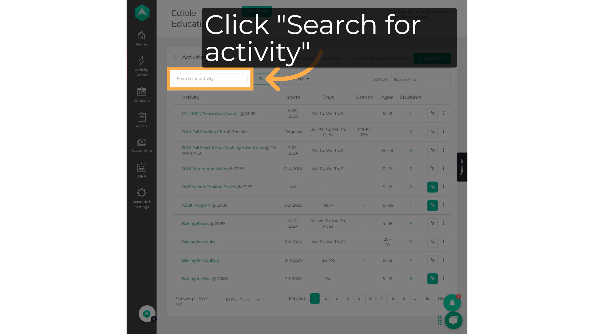 Click 'Search for activity'