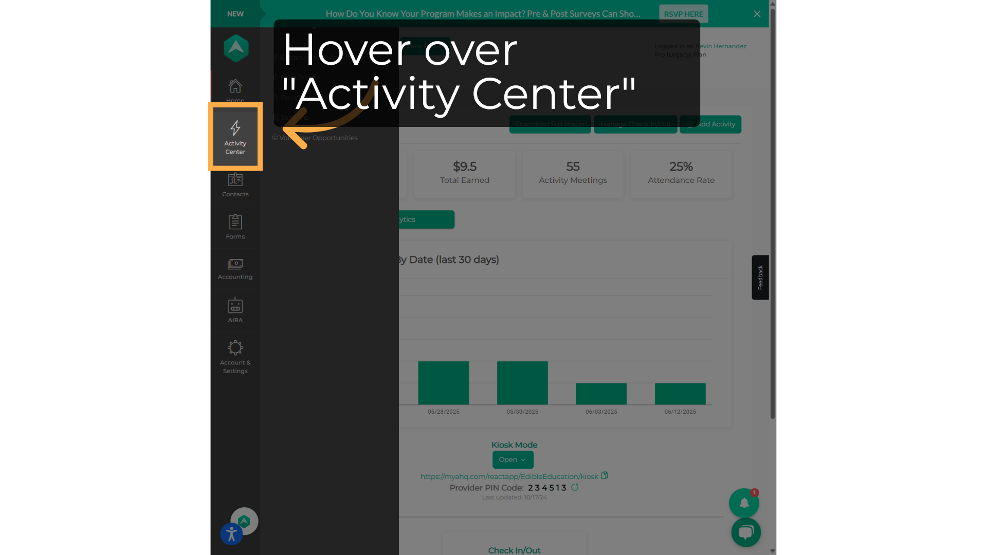 Hover over 'Activity Center'