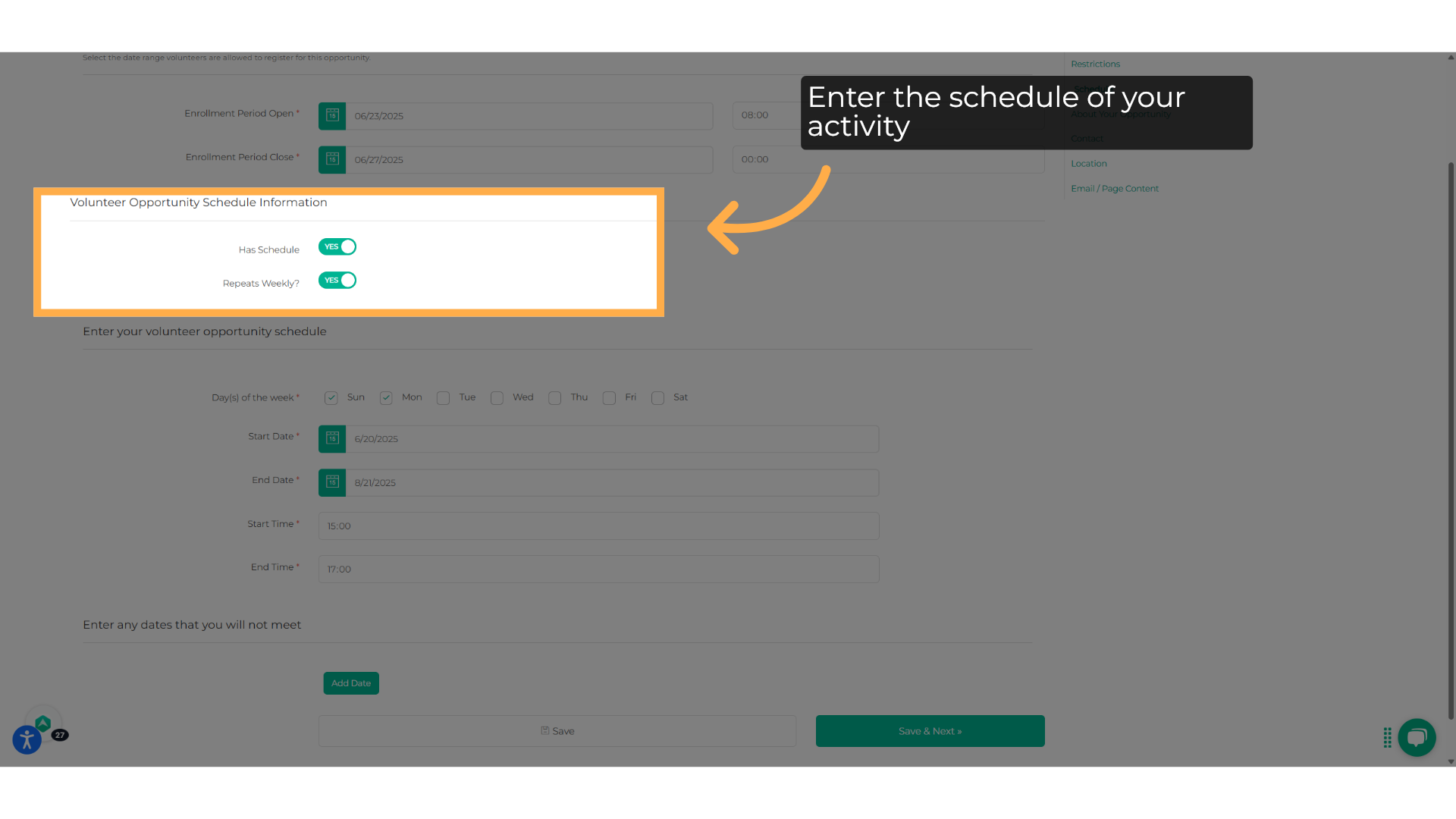 Enter the schedule of your activity
