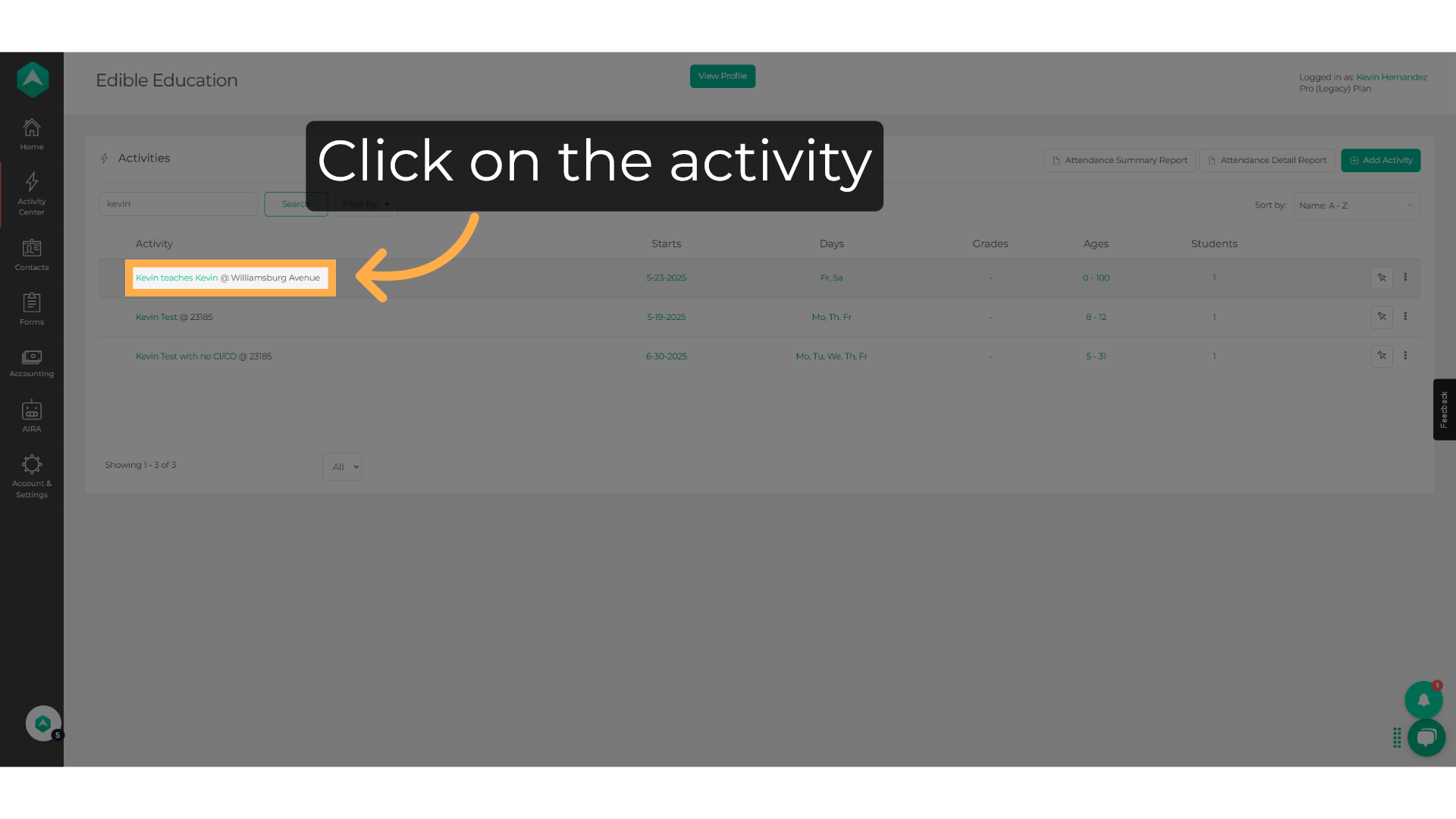 Click on the activity