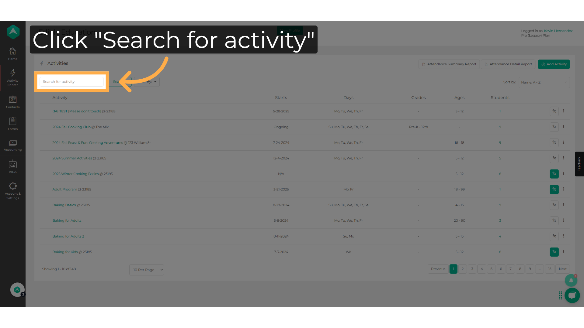 Click 'Search for activity'