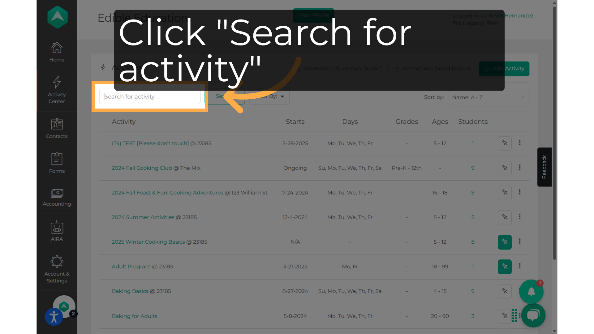 Click 'Search for activity'