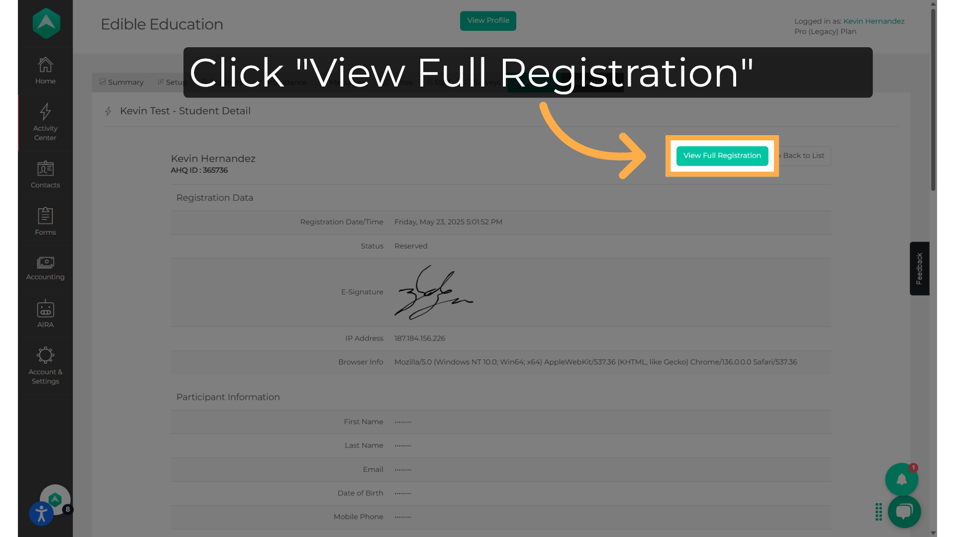Click 'View Full Registration'