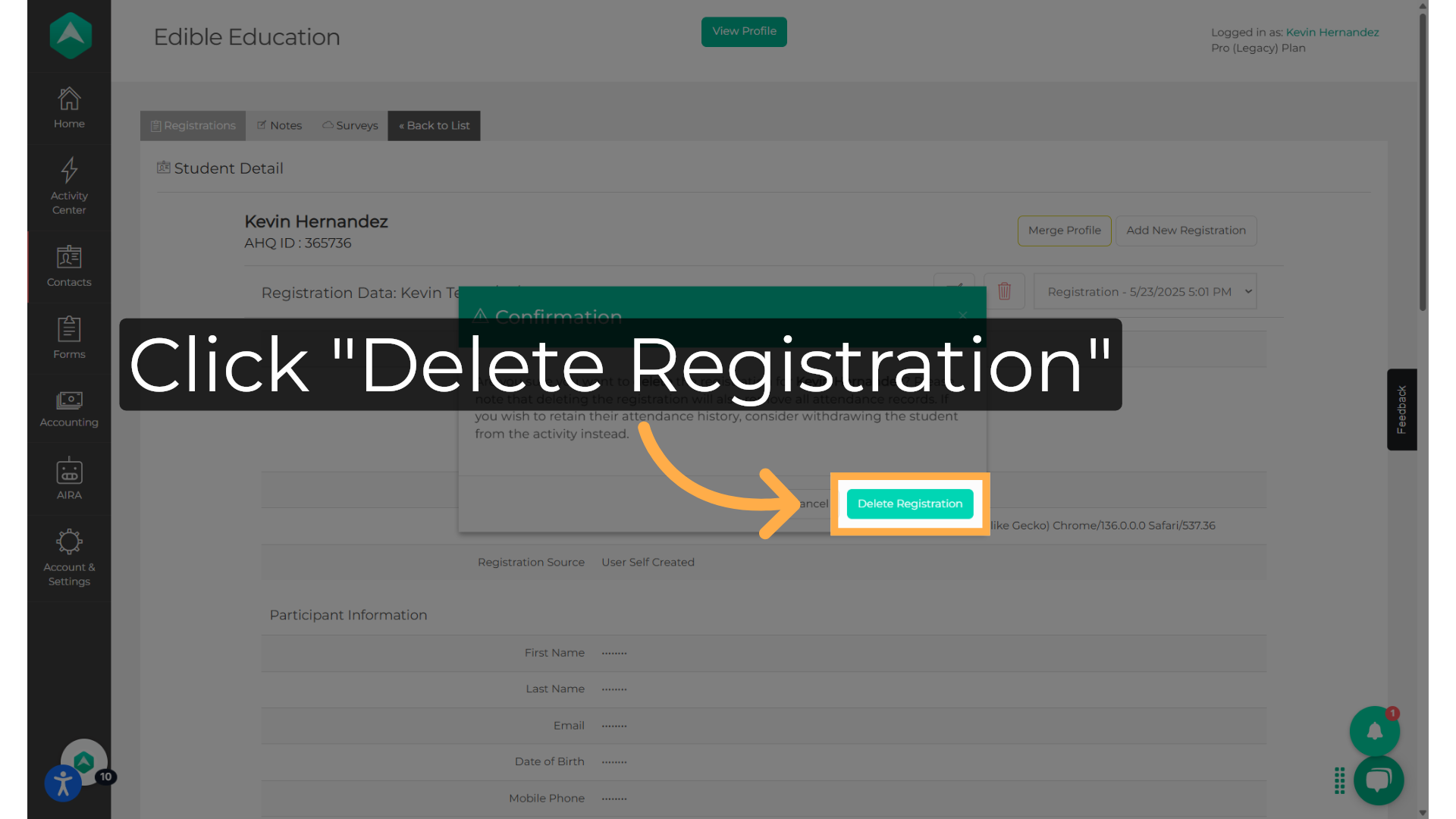 Click 'Delete Registration'