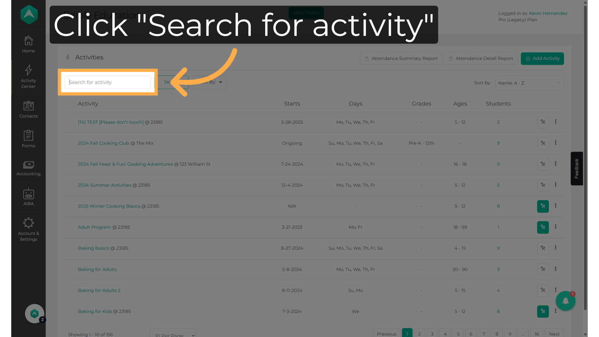 Click 'Search for activity'