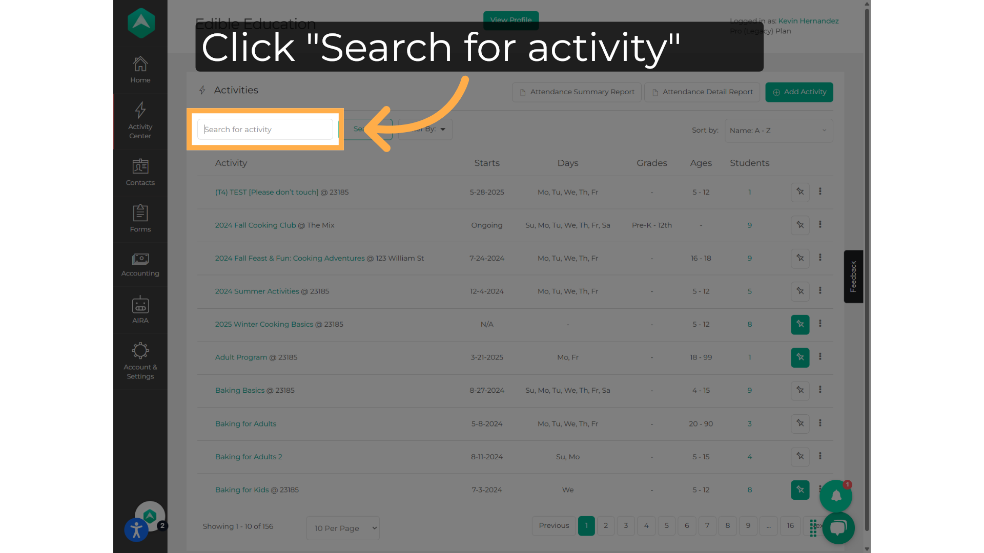 Click 'Search for activity'