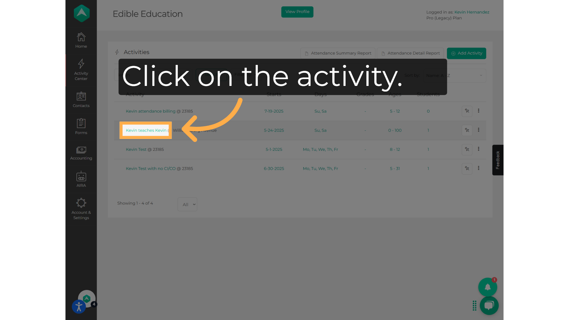 Click on the activity