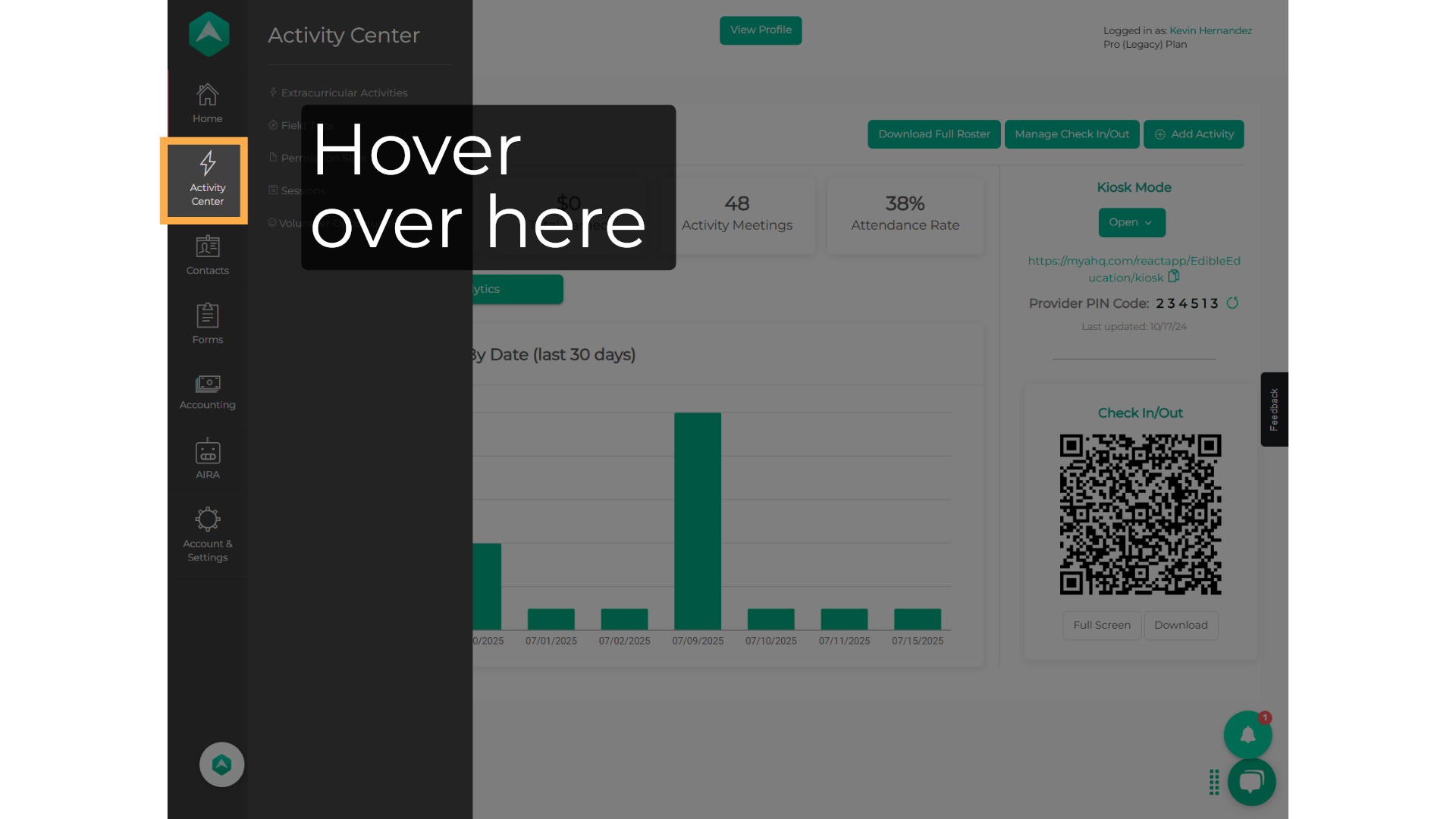 Hover over 'Activity Center'