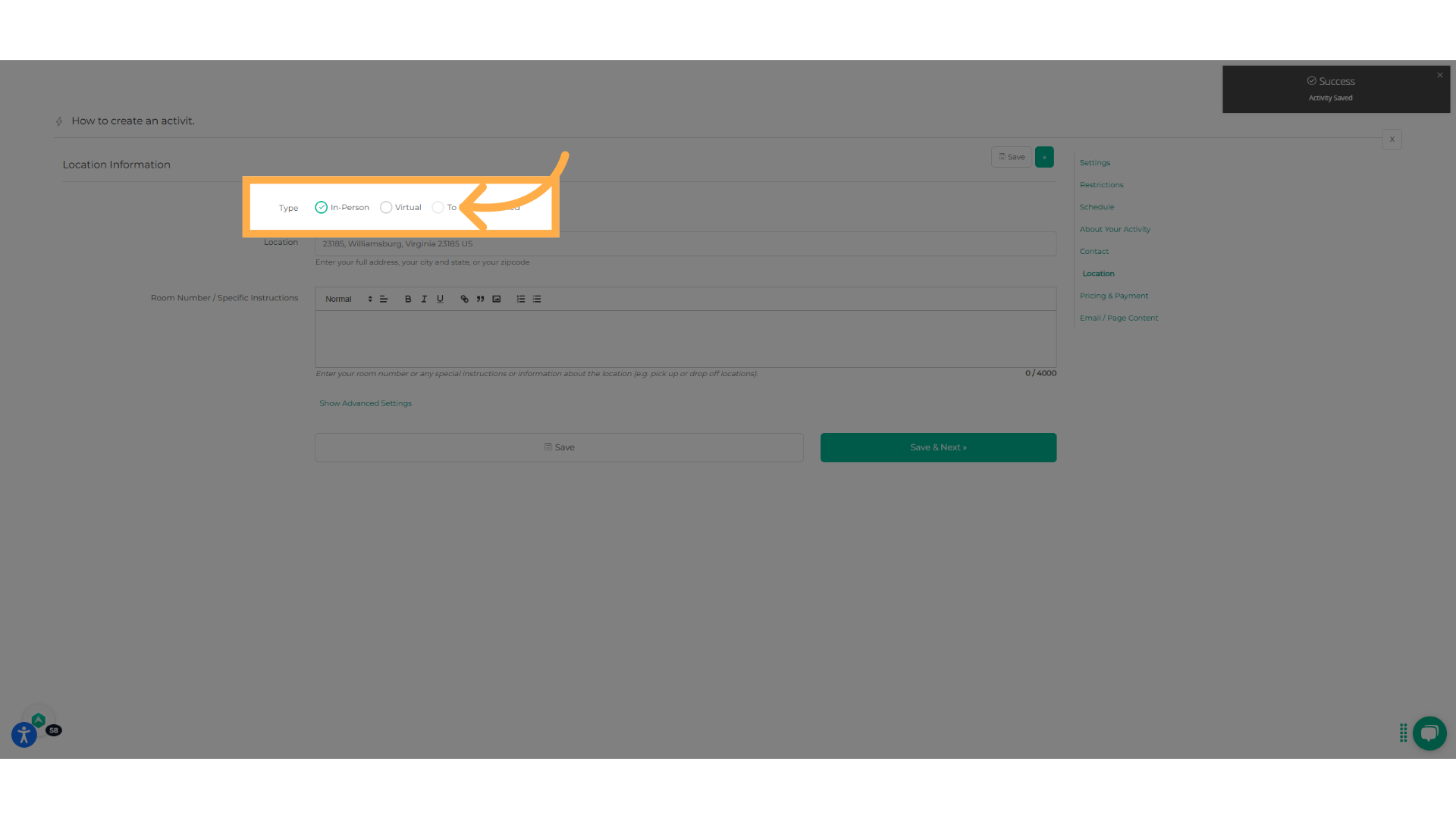 Select the type of location