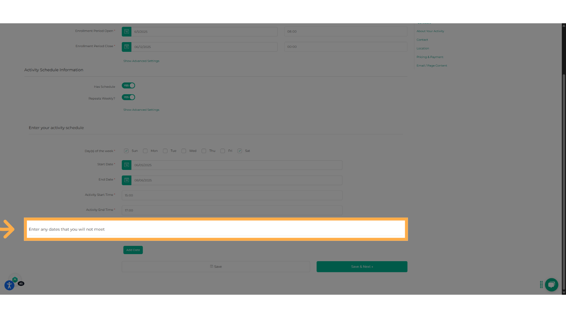 Click 'Enter any dates that you will not meet'