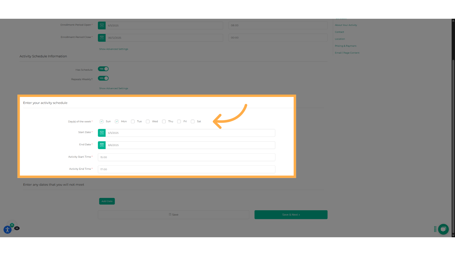 Input the schedule of your activity