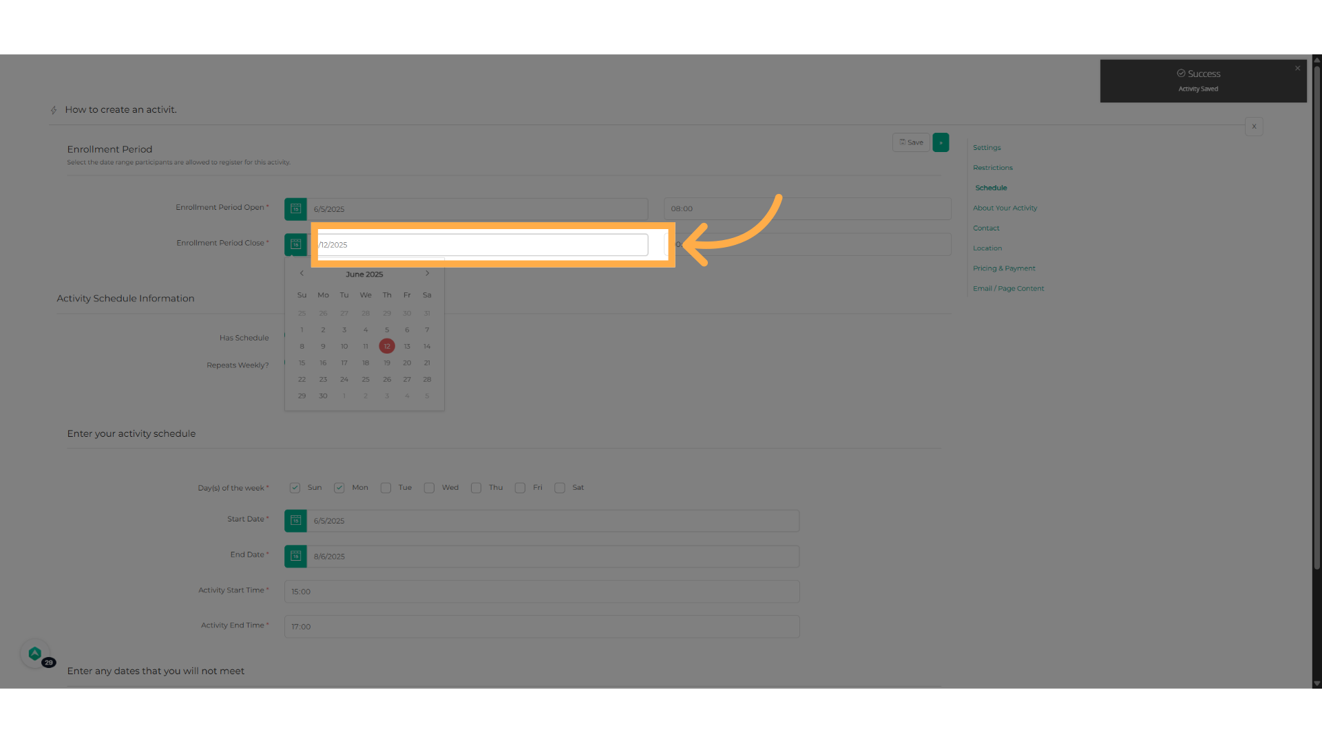 Select the end of the enrollment period