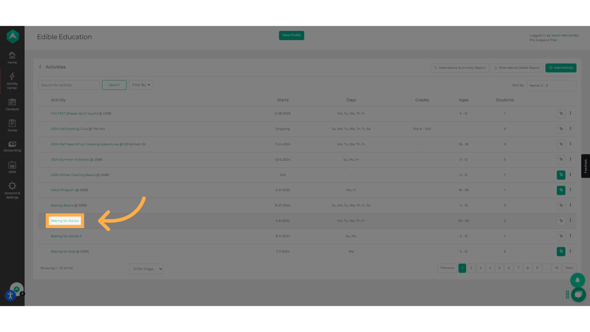 Click on the activity