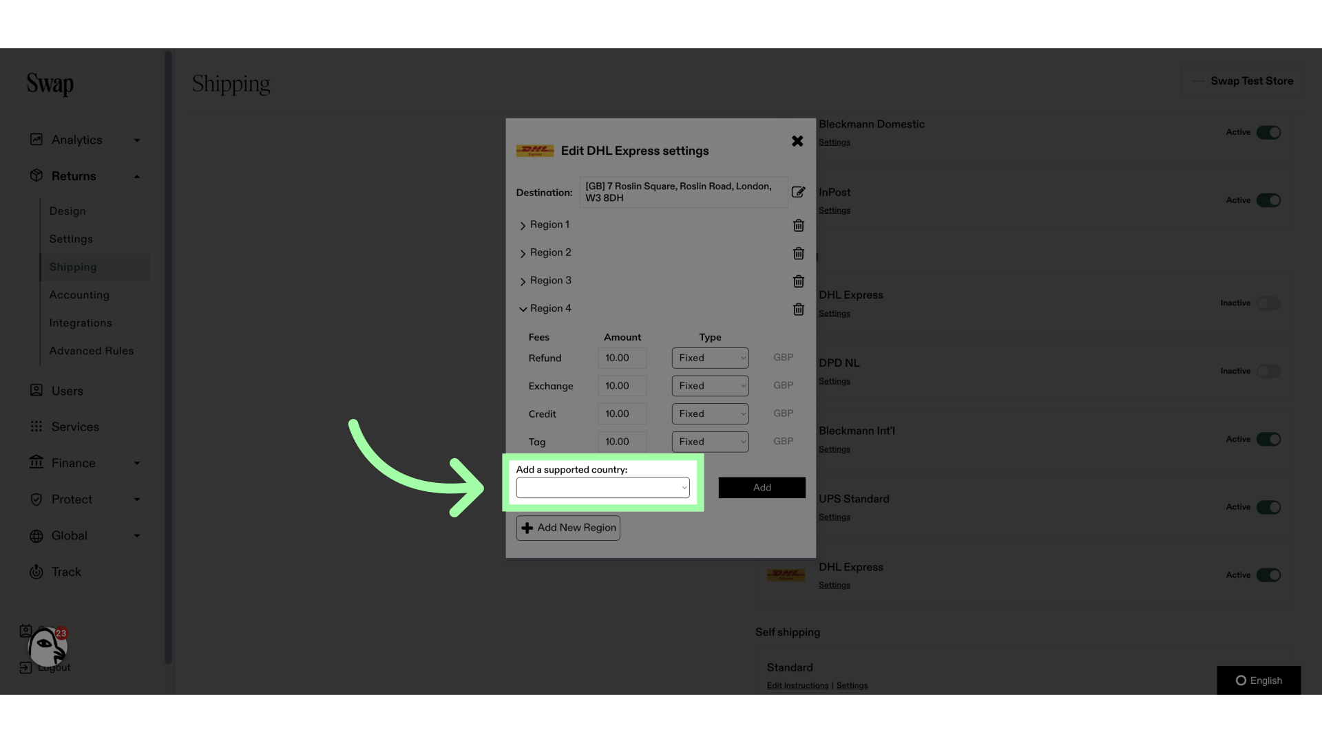 Use the drop-down menu to select a country to add to the region