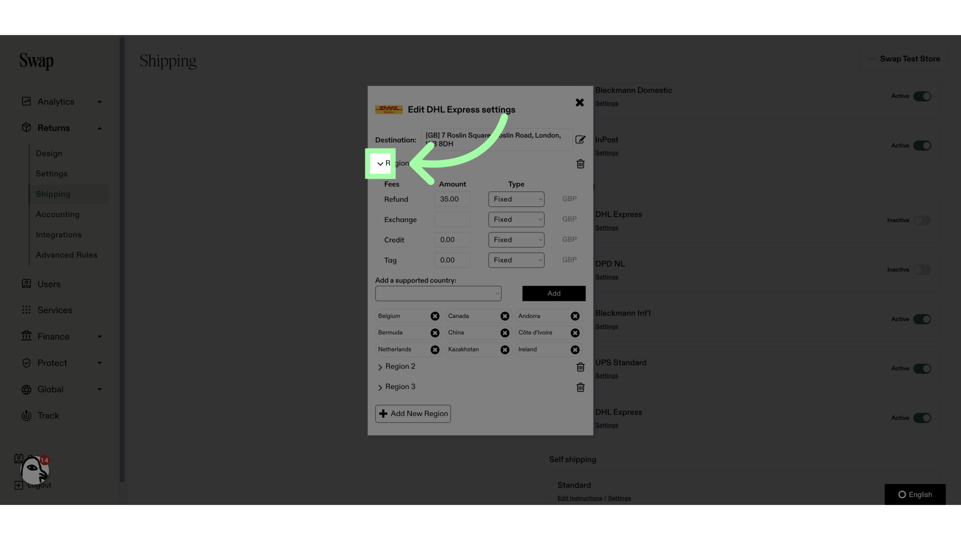 Use the arrows to unfold a region and see it's settings