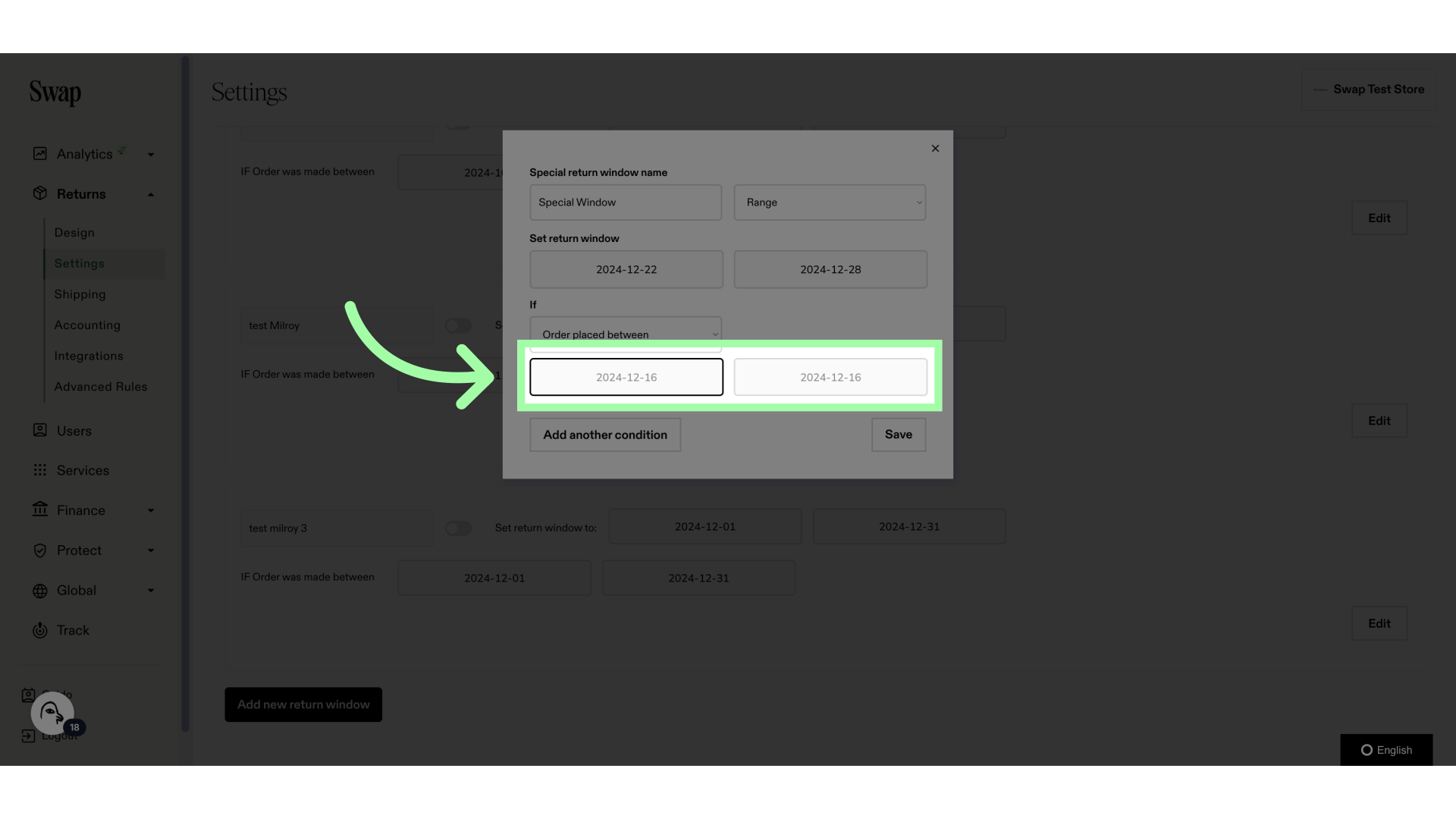 If the date range condition is selected, this is where you select the dates