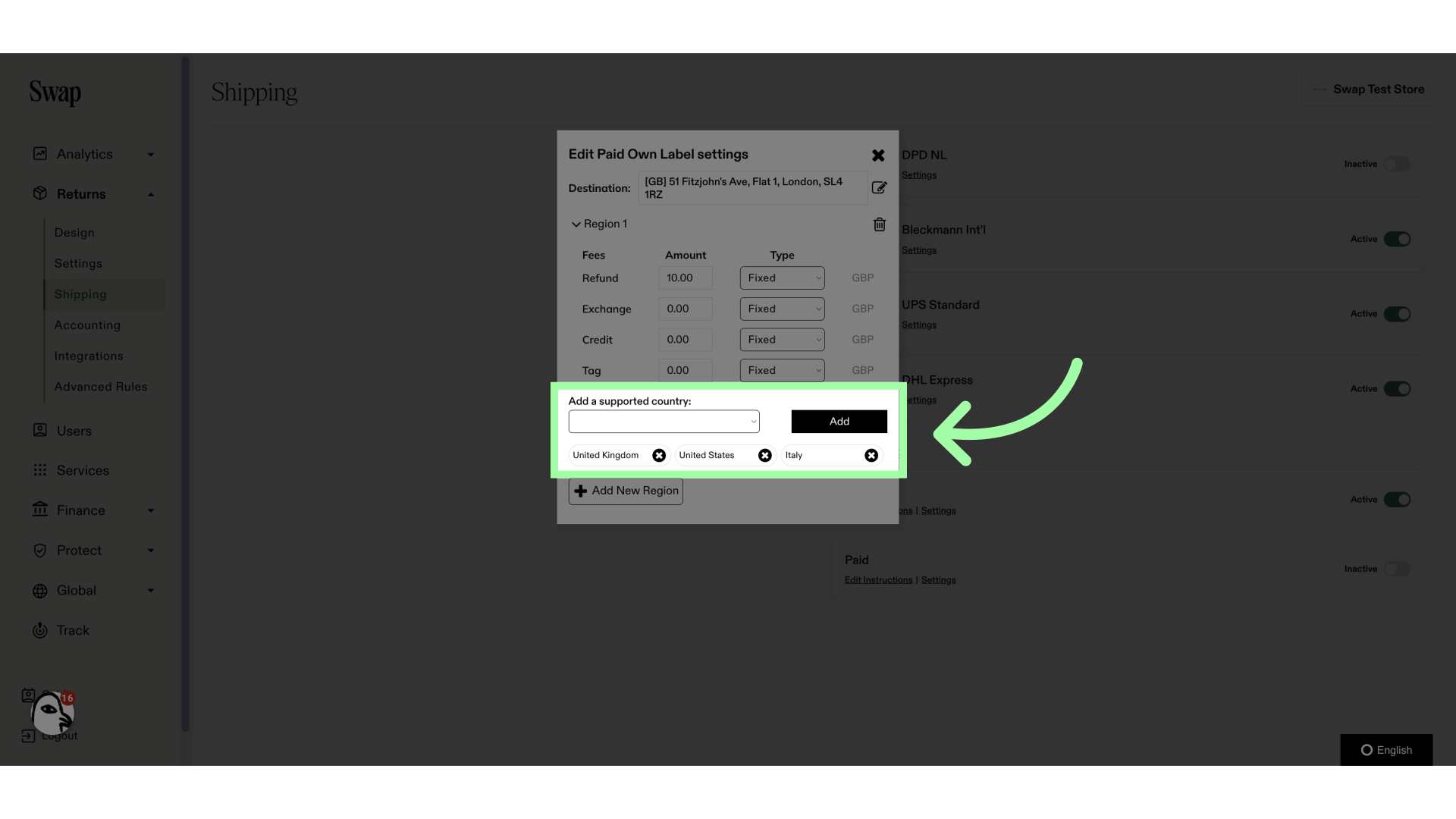 To add countries, use the drop-down menu