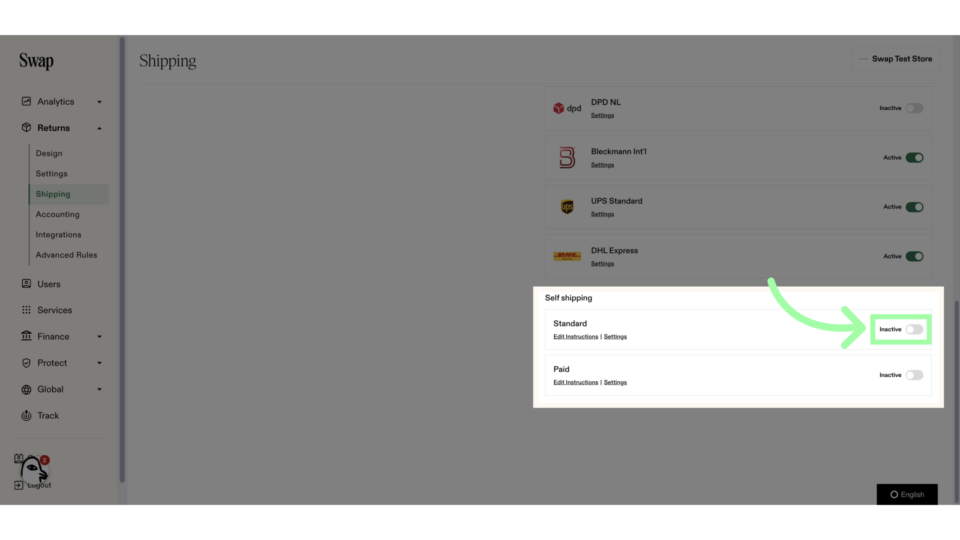 Under 'Self shipping', click the toggle to enable self shipping