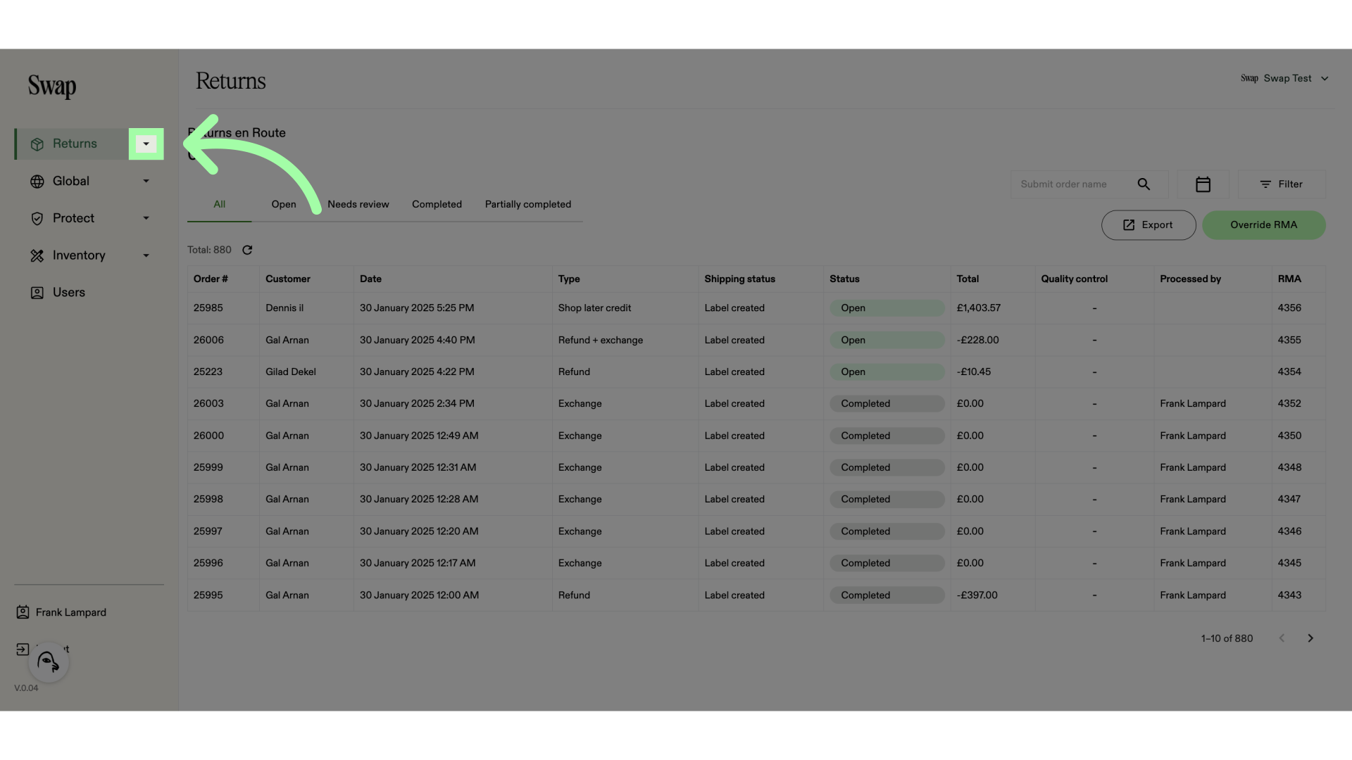 Open the Returns drop-down menu